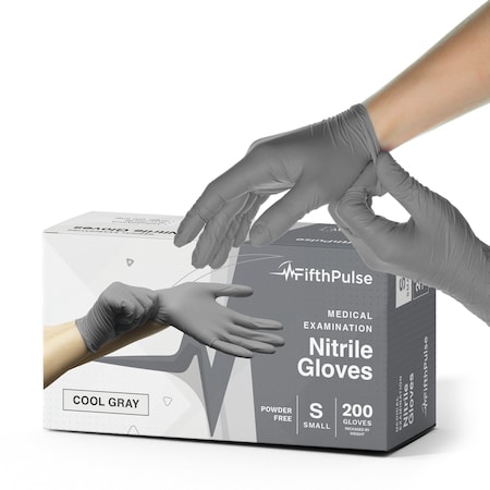 Fifthpulse Disposable Gloves, 4.5 mil Palm, Nitrile, Powder-Free, S, 200 PK, Cool Gray FMN100569